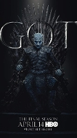 Promotional image for HBO's Game of Thrones. Dark background with Night King seated on Iron Throne