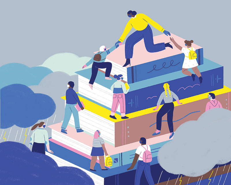 illustration of teacher helping children climb a mountain of books surrounded by storm clouds