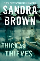 cover of Sandra Brown's Thick as Thieves (man standing in a small aluminum fishing boat in a cypress swamp)