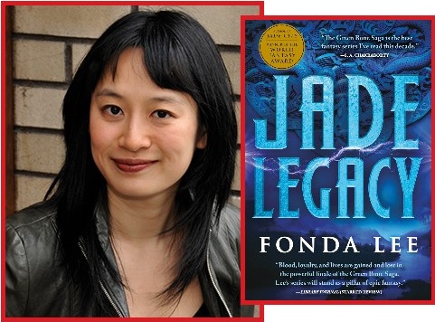 headshot of Fonda Lee with a superimposed image of the book cover for Jade Legacy