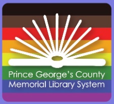 Prince George's County Memorial Library System logo on a Pride flag background