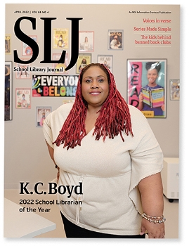 K.C. Boyd, SLJ's 2022 School Librarian of the Year, on the cover of their April issue