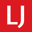 square Library Journal logo with white LJ on red background