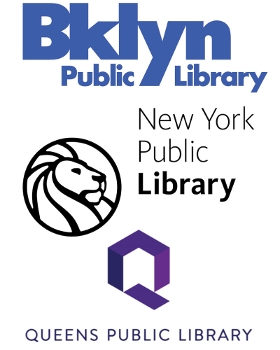 The logos of the Brooklyn Public Library, New York Public Library, and Queens Public Library