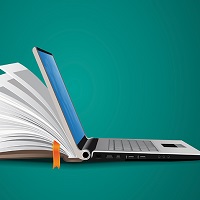 stylized illustration of a laptop turning into a book